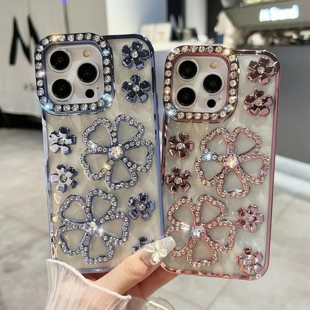 Applicable To iPhone17PROMAX Mobile Phone Case Electroplating Three-dimensional Diamond-encrusted Flower Apple 15 All-inclusive Anti-drop Protective C