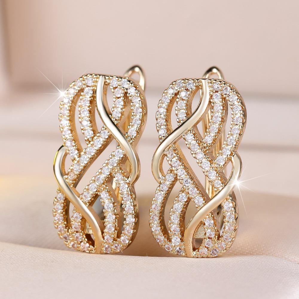 Temperament Cubic Zirconia Hollow Crossed Drop Earrings for Women Fashion Gold Color Engagement Earrings Daily Party Jewelry