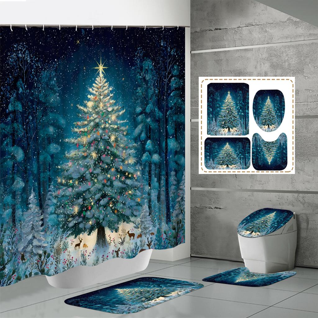 4PCS  Shower Curtain Sets With Shower Curtain And Rugs Toilet Lid Rug U Shape Mat And Bath Mat Bathroom Set  With 12 Hooks
