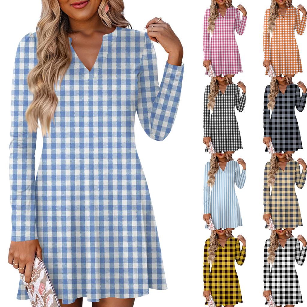 Women's Fashion Plaid V-Neck Long Sleeve Dress