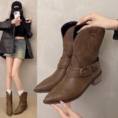 2025 Neue Damen Mid-Calf Stiefel Retro Blockabsatz Kurze Stiefel Luxuriöse Lässige Lederstiefel für Damen Western Ritterstiefel