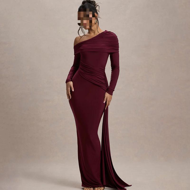 European and American sloping collar long sleeved fashionable temperament solid color pleated high waisted long dress