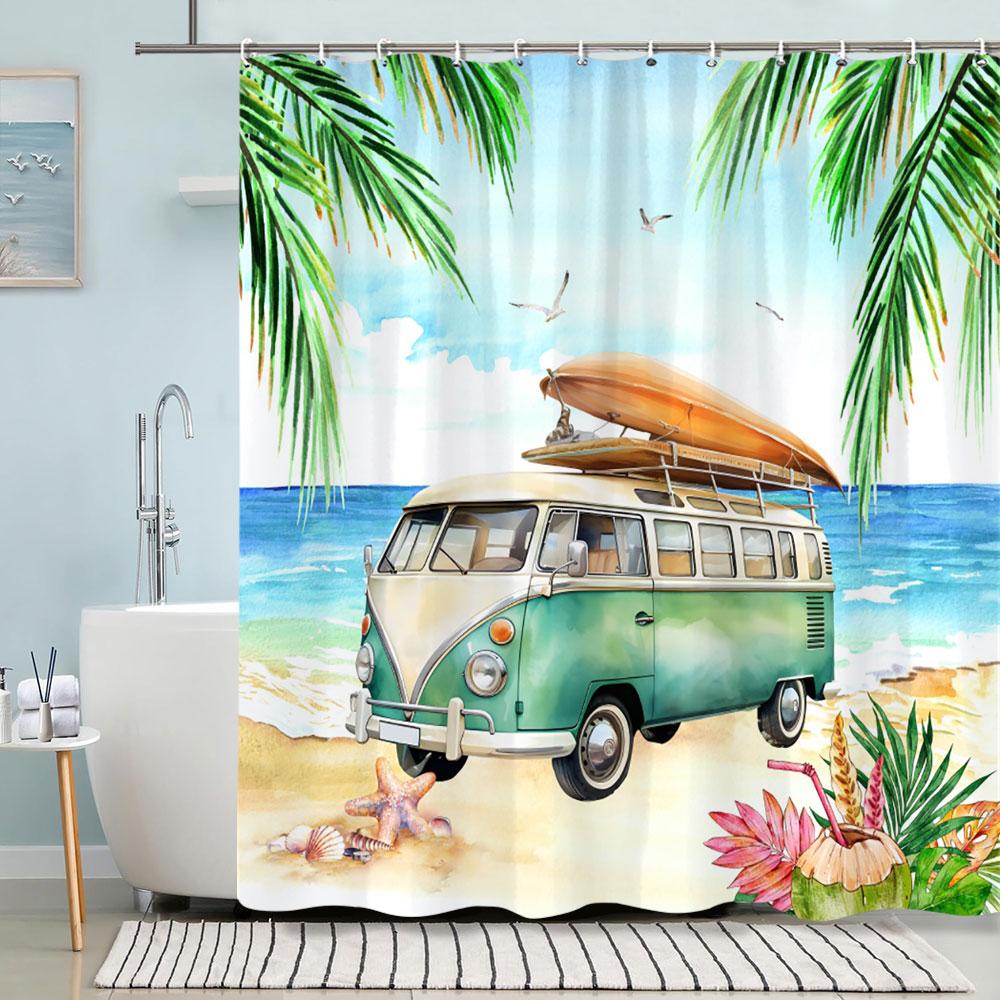 Turtle Shower Curtain Summer Beach Anchor Nautical Starfish Watercolour Art Creative Polyester Shower Curtains Bathroom Decor