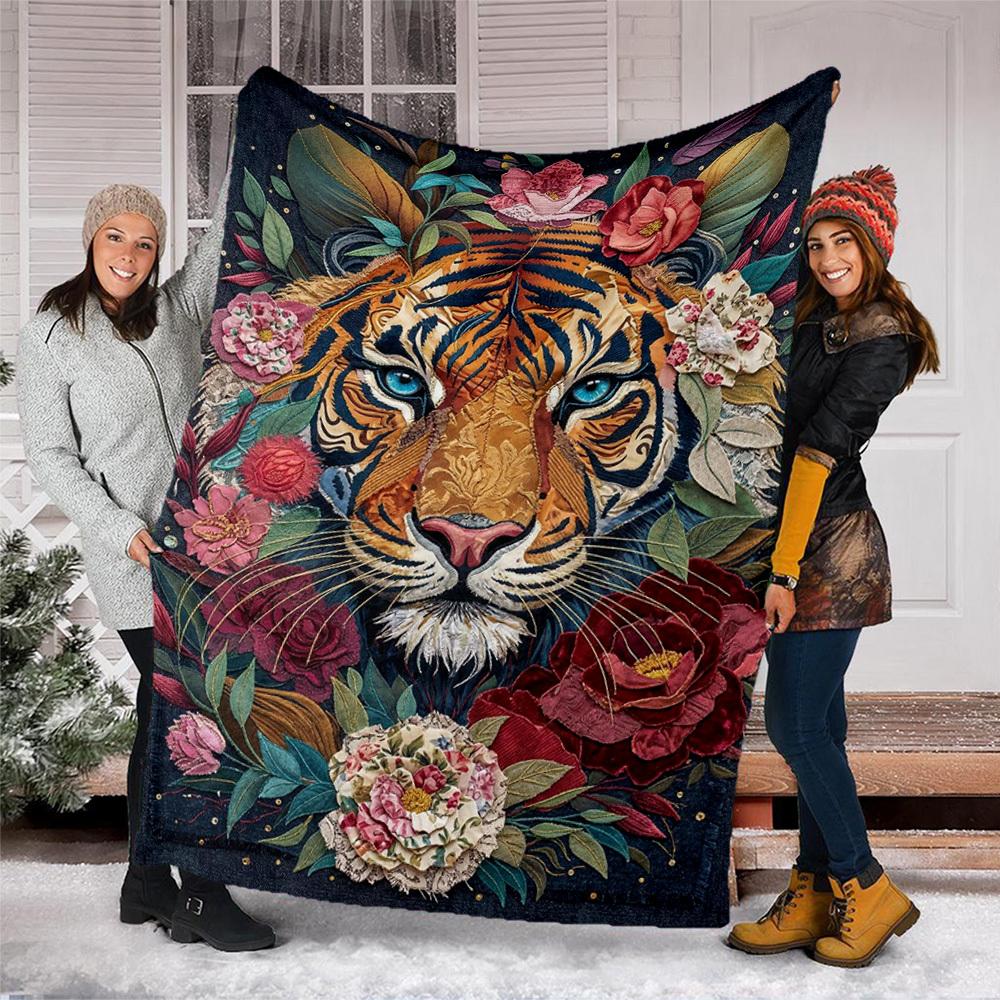 1pc Tiger FlowersOutdoor Blanket, Soft And Comfortable Blanket, Casual Warm Outdoor Blanket, Good Birthday Gift Yy260328088