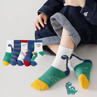 5 Paare/Satz süße Babysocken mit Dinosaurier-Cartoon-Tiermuster, gestreifter Aufdruck, für Kleinkinder, Jungen und Mädchen, Winter- und Herbstsocken, warme Baumwollsocken