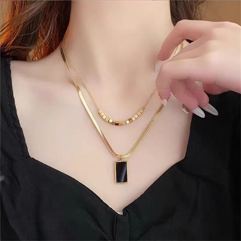 Titanium Steel Double-Layer Stacked Wearing Square Necklace Women'S Design High-End Versatile Autumn And Winter Sweater Chain Jewelry
