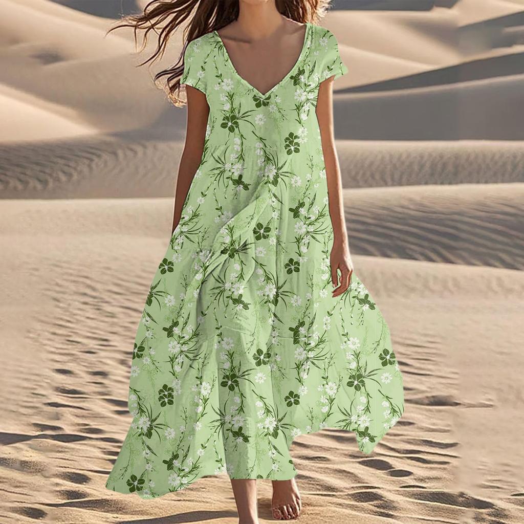 Women's Summer Fashion V-Neck Beach Long Short Sleeve Floral Printed Dresses