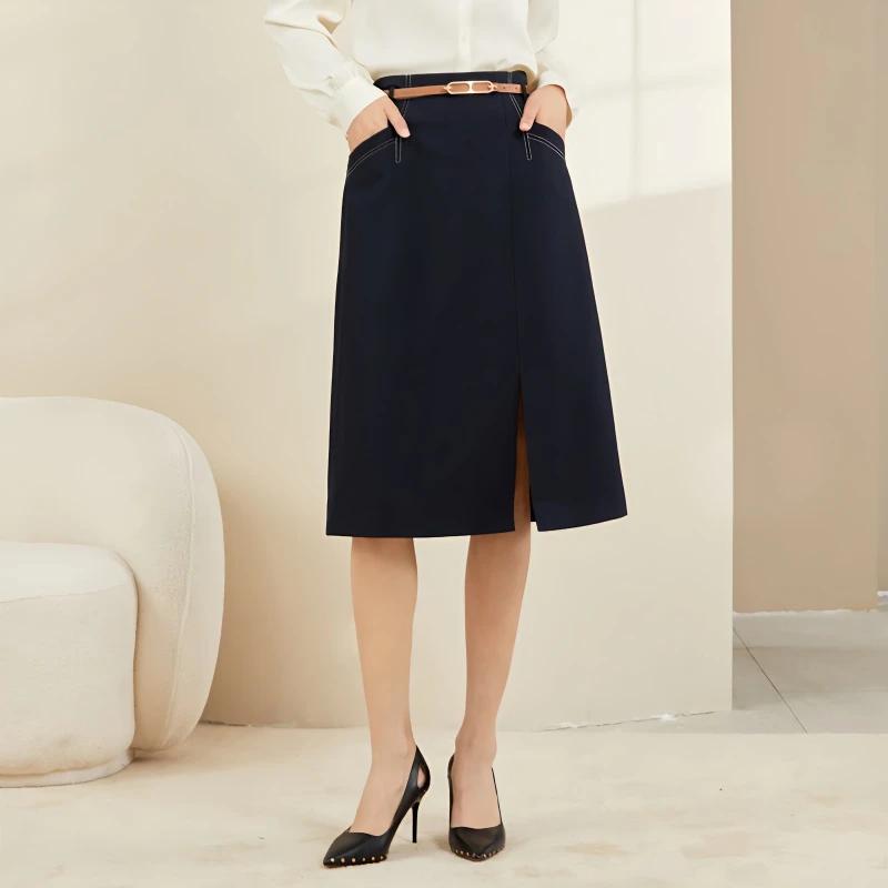 Women Casual Navy Blue Skirt High Waist Belted Midi Pencil Skirt S темно-синий