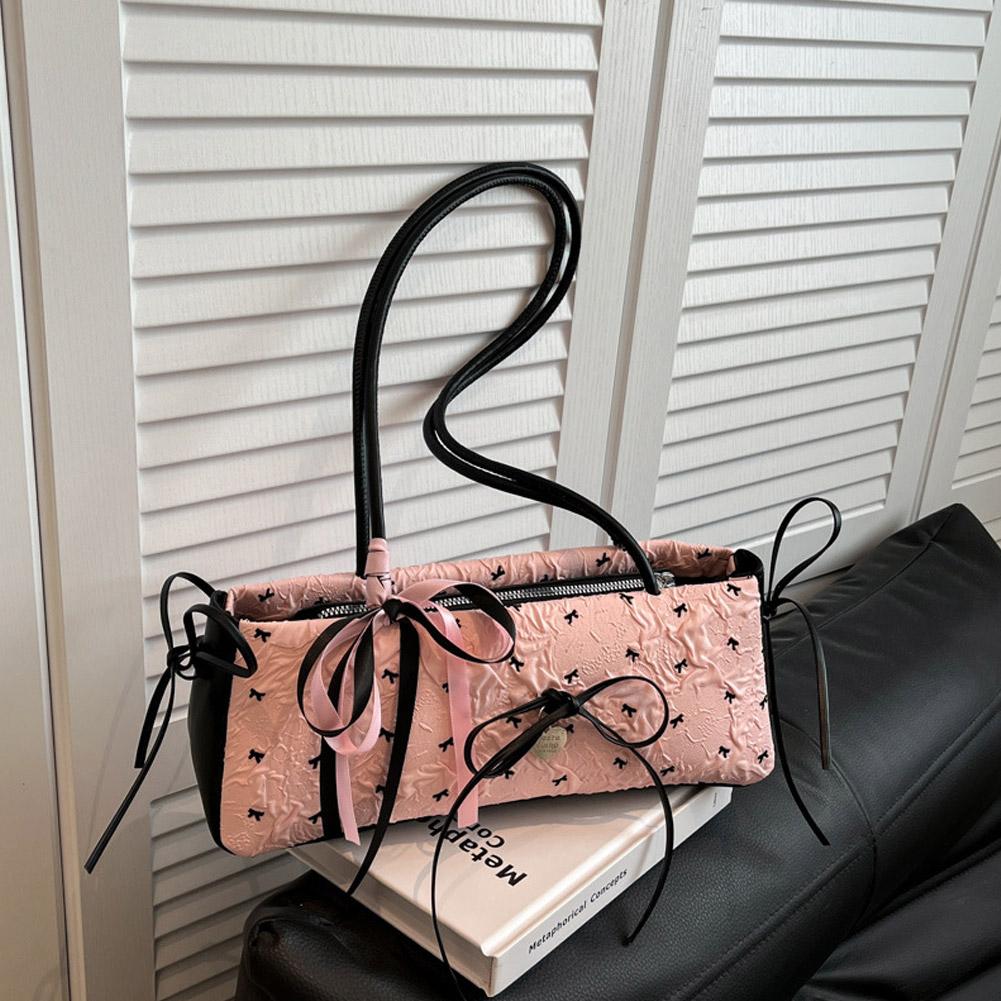 French Bow Ribbon Underarm Shoulder Bag Fashion Sweet Commuting Stick Underarm Bag Zipper Cute Small Design Shoulder Bag