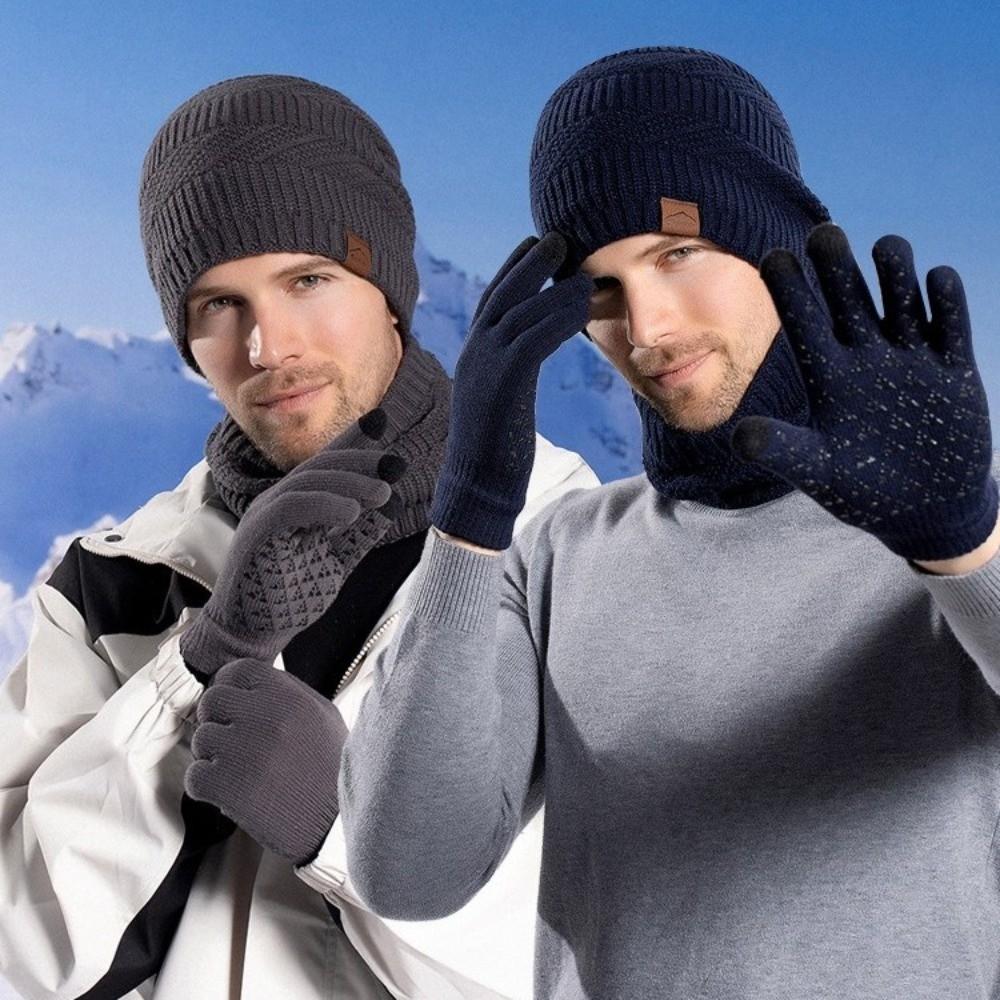 3pcs Warm Hat Scarf Gloves Set Solid Color Winter Beanie Hat Hiking Thermal Knit Cap  Cold Weather