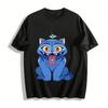 Weird Blue Cat & Hat Bird Print T-Shirt Trendy Street Style Loose Crew Neck Casual Top Pure Cotton T-shirt