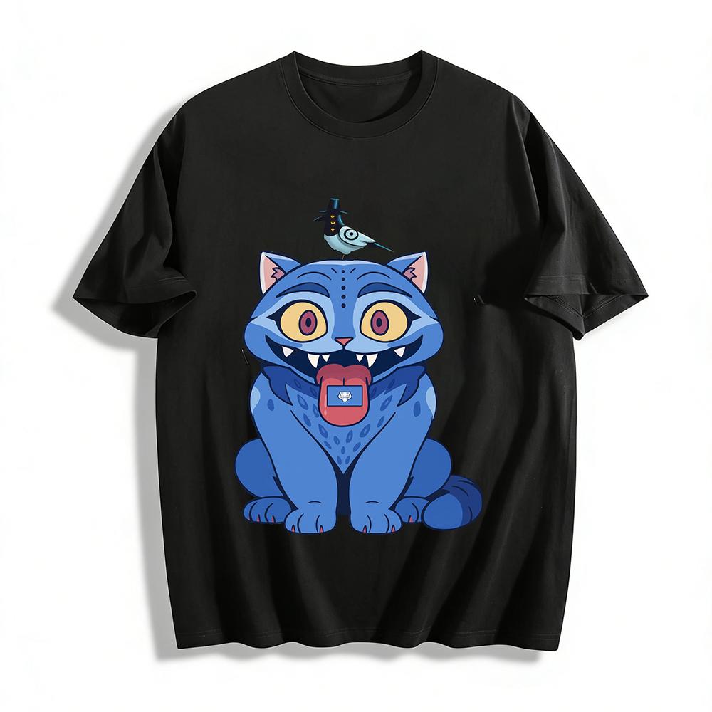 Weird Blue Cat & Hat Bird Print T-Shirt Trendy Street Style Loose Crew Neck Casual Top Pure cotton T-shirt XXS