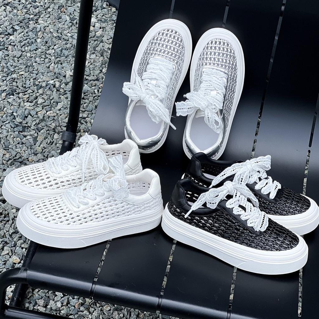 Platform white shoes women's 2025 new summer lace belt leather woven hollow breathable casual shoes sports board shoes