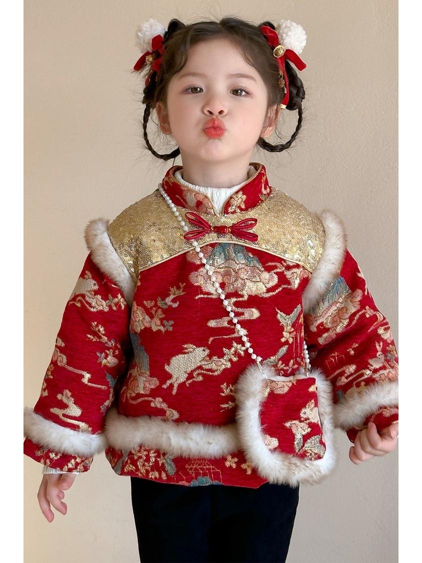 Meng Tang Tang Winter Hanfu Set: Warm New Year s Outfit for Baby Girl, Thickened Chinese Style Tang Suit with Fleece. 100 cm