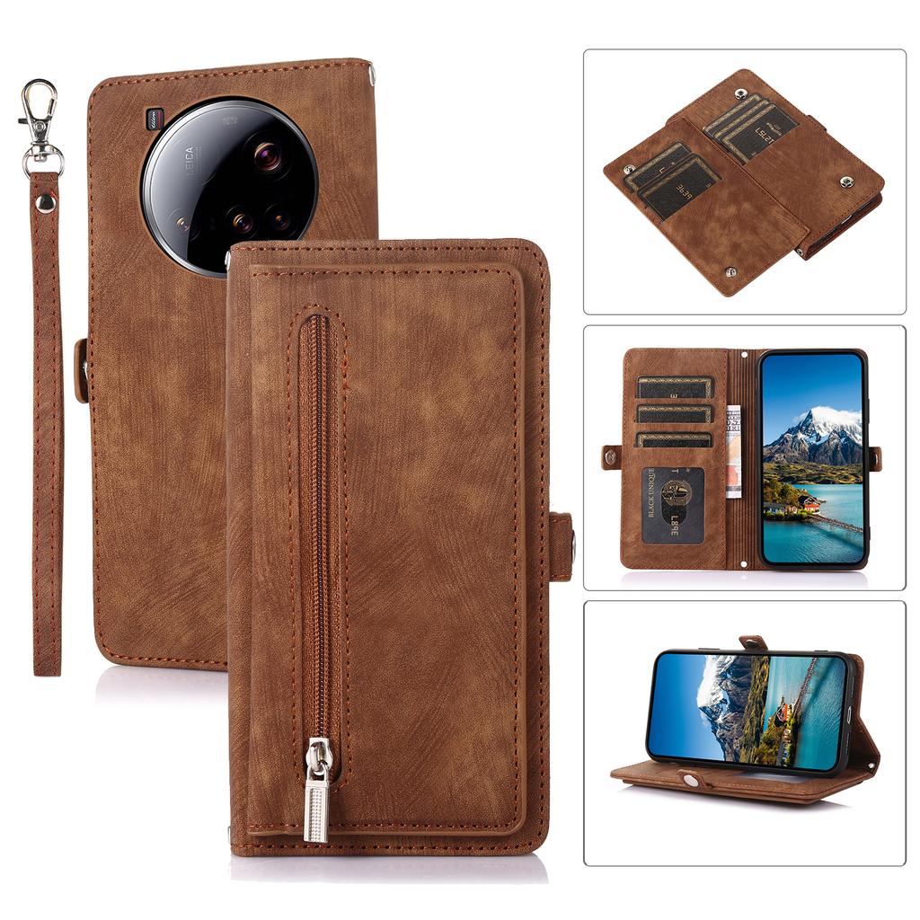 For Xiaomi 15 Ultra Case Zipper Pocket 9 Card Slots PU Leather Phone Cover with Wrist Strap