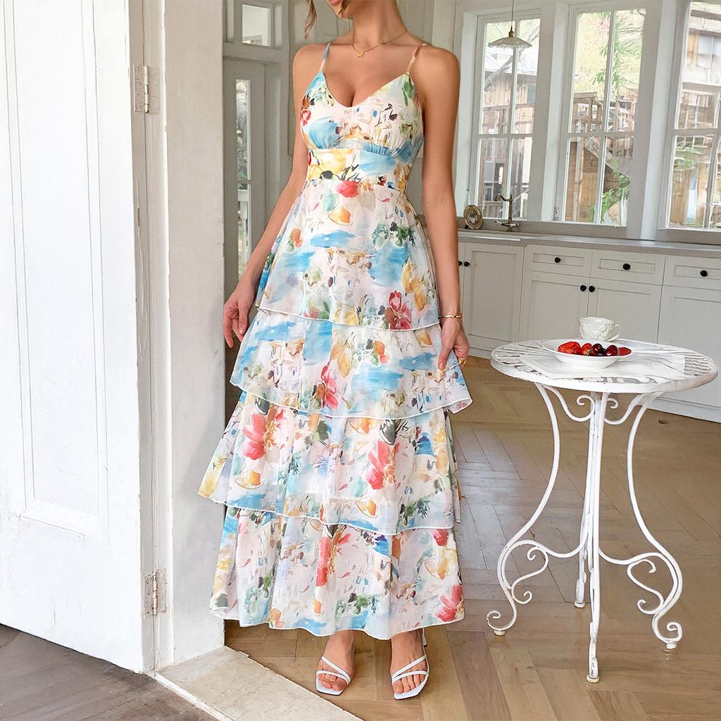 Elegant and Refined Style Halter Printed Multi-layered Dress Dress for Women's Spring and Summer