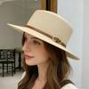 Yousheng Panama Hat Women Men Faux Leather Buckle Straw Sun Hat French Style Flat-Top Style Wide Brim UV Protection Beach