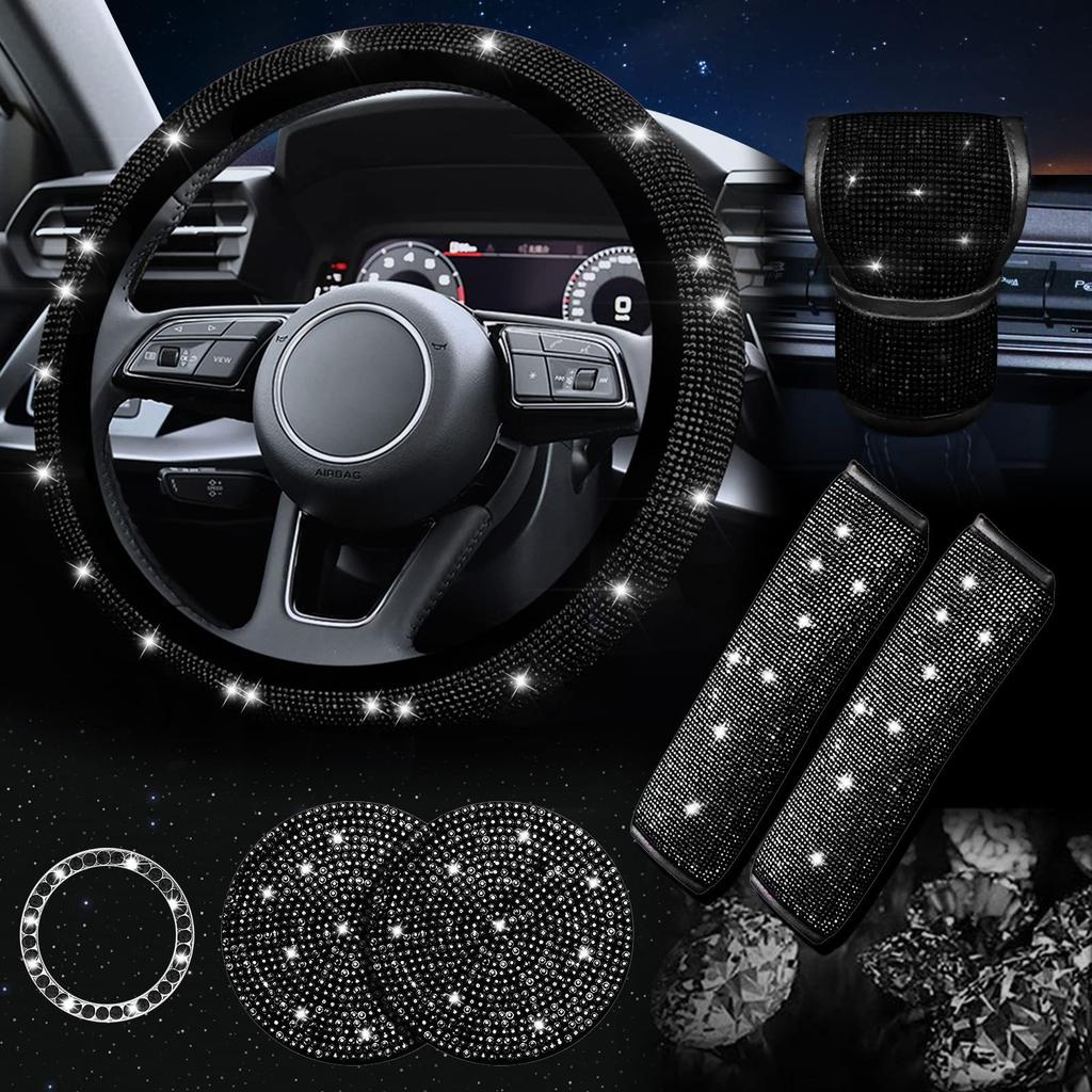 7Pcs/Set Shiny Rhinestones Car Steering Wheel Safety Belt Shifter Cover Cup Mat Start Button Ring Kit
