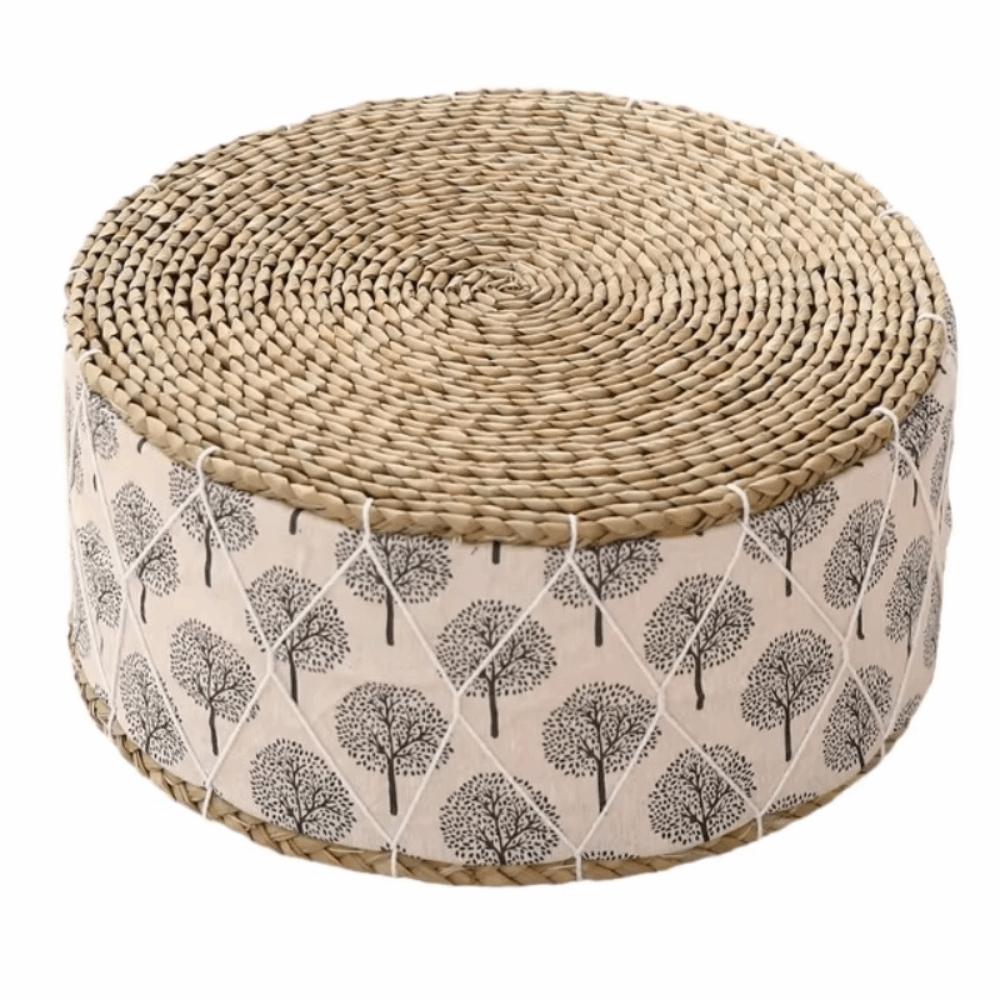 Hand-Woven Floor Cushion Round Shape Ottoman Stool Rustic Style Woven Stool  Living Room