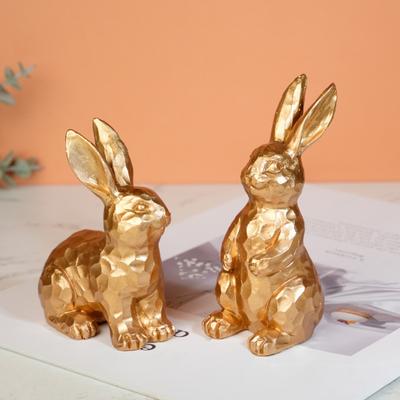 2 Peças Enfeite de Coelho da Páscoa Coelho Dourado Entalhado Estatueta de Resina Estátua de Animal Decoração de Mesa para Festa de Feriado em Casa Escritório