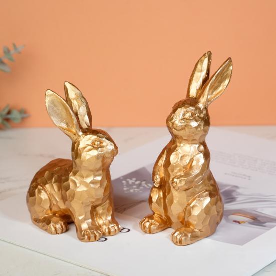 2 Stück Osterhase Ornament Geschnitzt Goldener Hase Harzfigur Tierstatue Heim Büro Feiertagsparty Desktop Dekoration