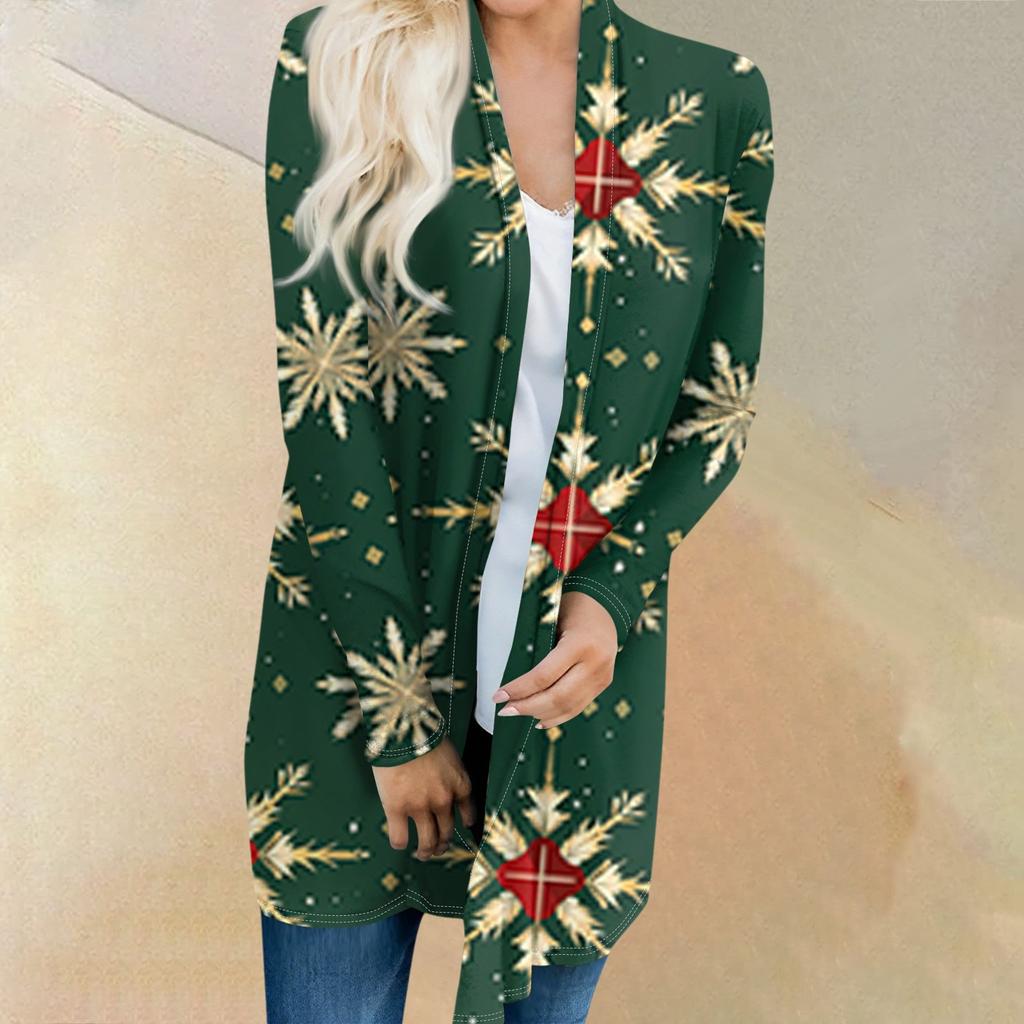 Women's Fashion Casual Christmas Tree Printed Mid-Length Cardigan Jacket