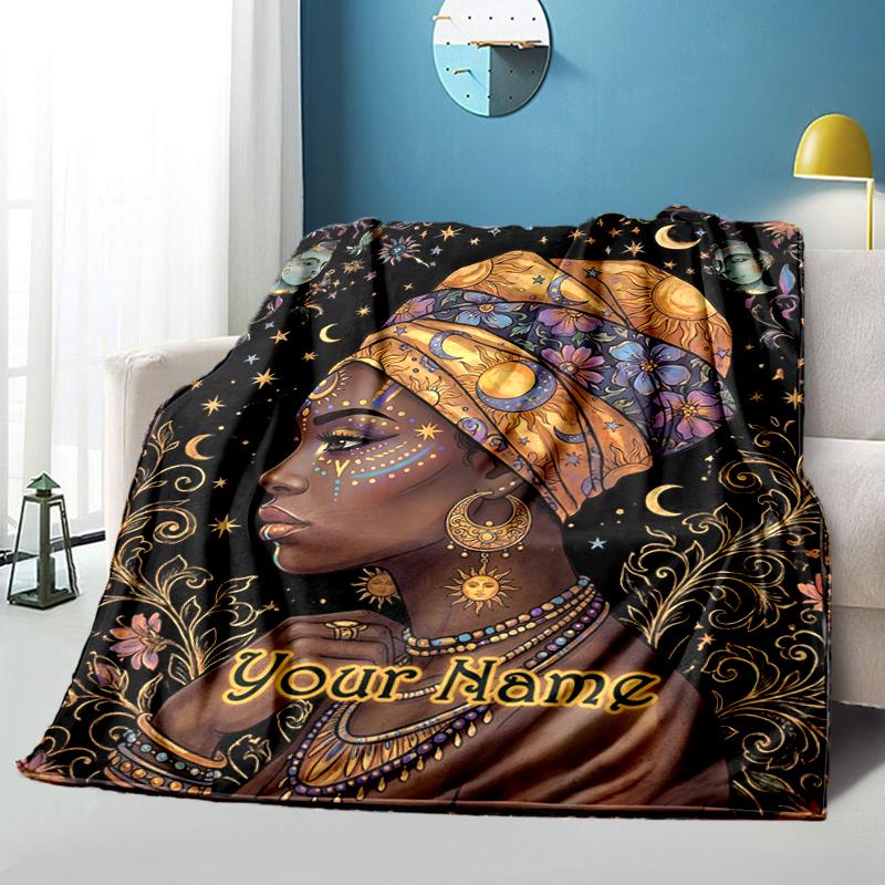 1PC Custom Name Ethereal African Goddess flannel blanket versatile,all-season throw suitable for the living room,bedroom,camping,travel,and gift