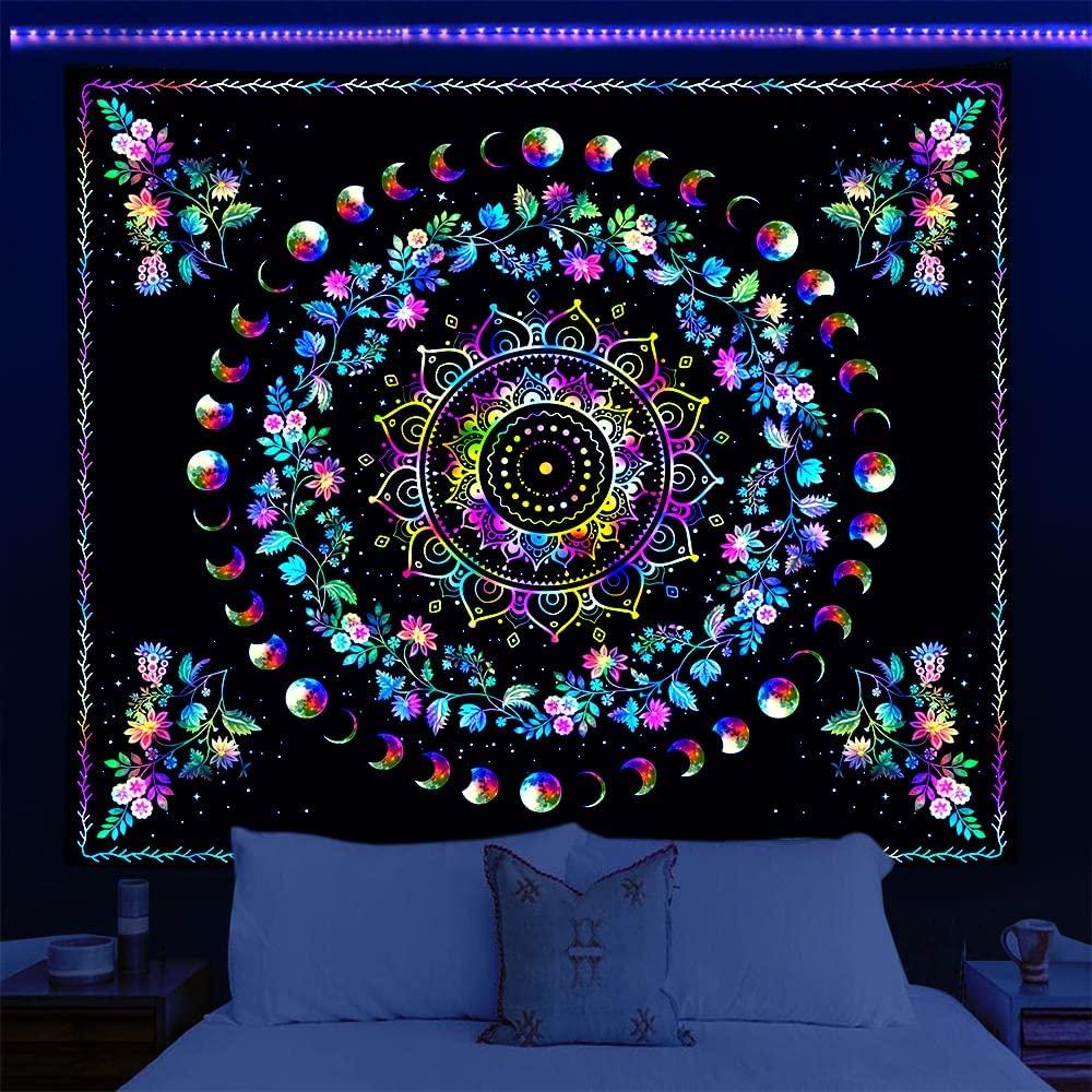 Blacklight Mushroom Tapestry Uv Fantasy Forest Plants Wall Hanging Decor Skull Tarot Skeleton Tapestries For Bedroom Living Room