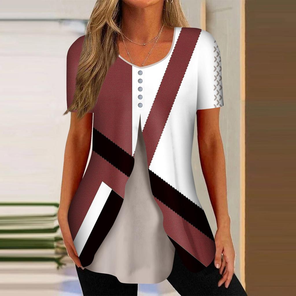 Shirts For Women Short Sleeve Tops Dressy Summer Casual Printed V-neck Irregular Hem Blouses Tees