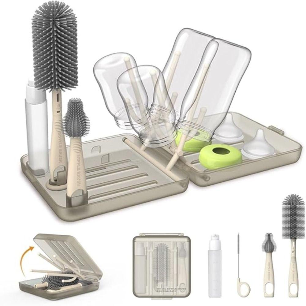 6 In 1 Set Bottle Cleaner Kit Compact Design Baby Bottle Brush Set Bottle Drying Rack  Baby Travel