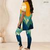 Women Plus Size Round Neck Short Sleeve Gradient Printed Longline Top Fitted Pants Two Piece Set