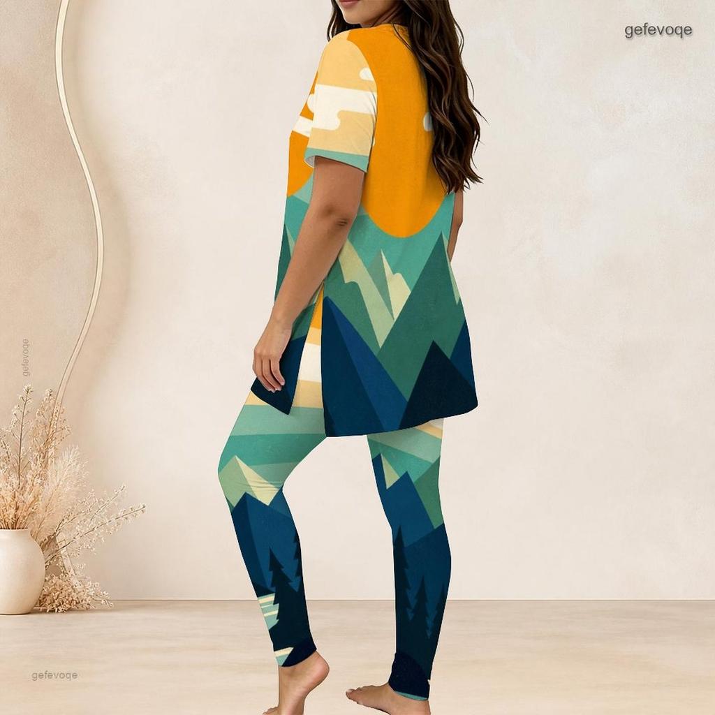 Women Plus Size Round Neck Short Sleeve Gradient Printed Longline Top Fitted Pants Two Piece Set
