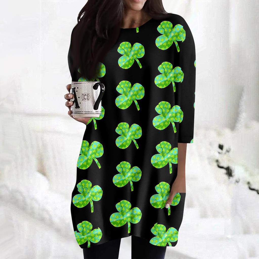 Women's  Casual 3/4 Sleeve Shirts Fashion St Patrick's Print Tunic Tops With Pockets