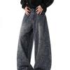 American Retro Washed Leopard Print Double Pressing Line Black Scimitar Jeans Men's Trend Wide Legs Loose Drape Old Pants