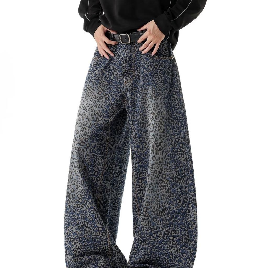 American Retro Washed Leopard Print Double Pressing Line Black Scimitar Jeans Men's Trend Wide Legs Loose Drape Old Pants