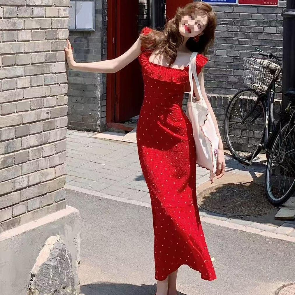Feifei Sleeve Halter Red Lotus Leaf Edge Polka Dot Square Neck Dress Women's Summer French Gentle Waist Hip Wrap Long Dress