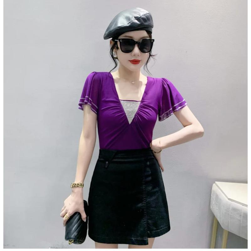 New Summer Women Tops Sexy V-Neck High Stretch Slim T-shirts Female Short Sleeve Mesh Hot Diamonds Tees All Match Casual Blusas