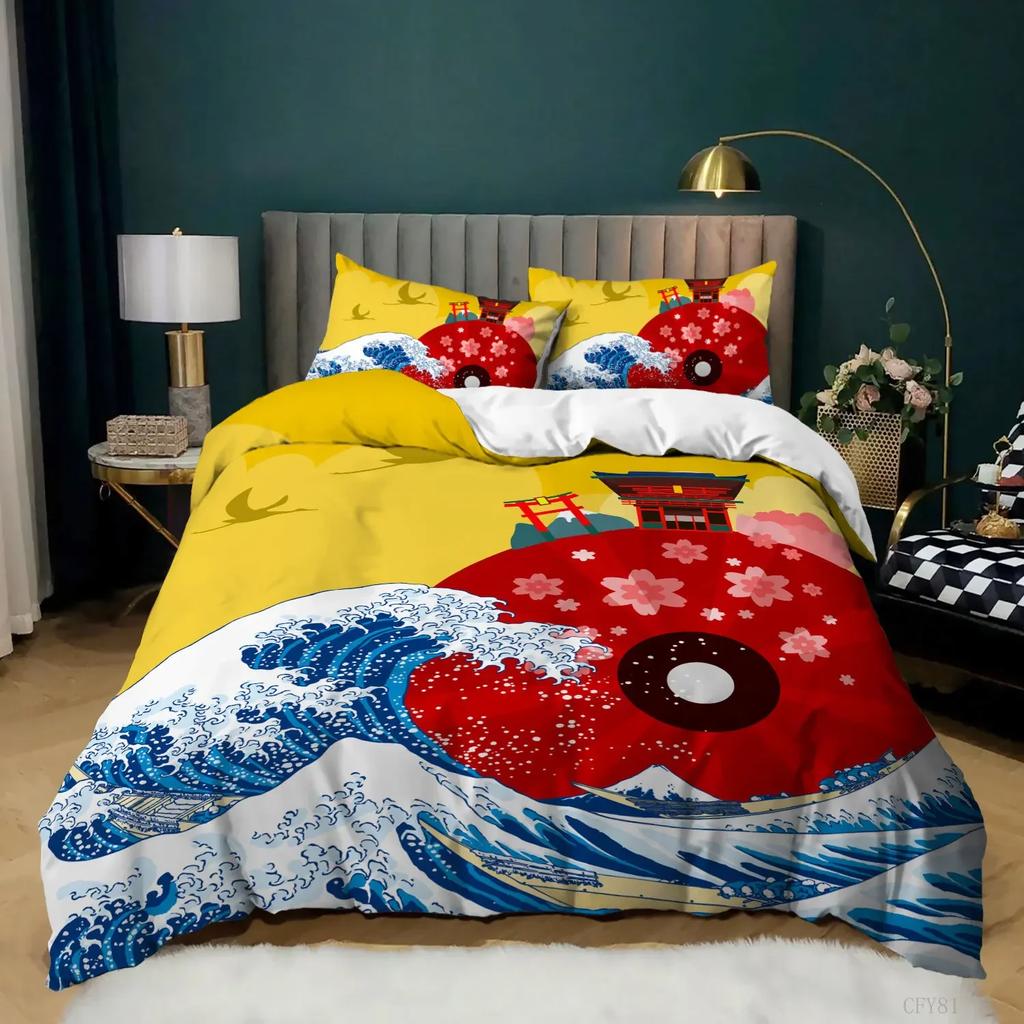 Japanese Style Comforter Cover Set Cherry Blossoms Crane 2/3Pcs Polyester Bedding Set Sea Waves Duvet Cover Set Twin Queen Size