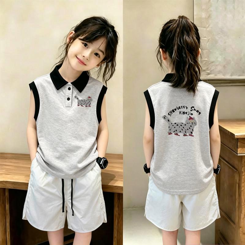 Korean-Style Girls' Color Block Sleeveless Polo Shirt Set - Summer Loose Fit