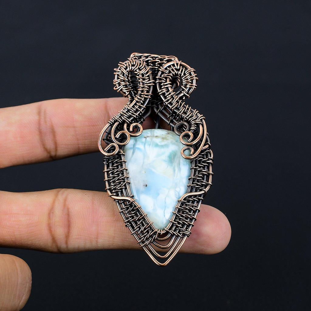 Beautiful Larimar Pendant Gemstone Pure Copper Wire Wrapped Handmade Jewelry For Her