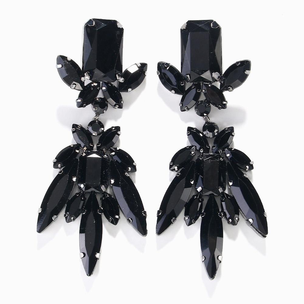 Black Large Geometric Rhinestone Dangle Earring for Women Statement Accessories Drop Crystal Tassel Earrings Party Jewelry
