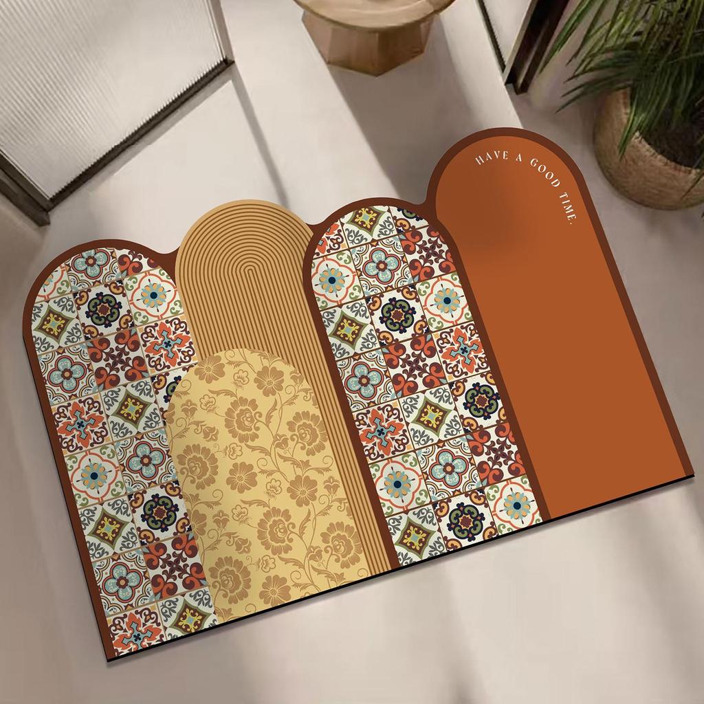 Retro Flower Tile Pattern Bathroom Floor Mat - Wear-Resistant, Dirt-Resistant, Non-Slip, Absorbent Diatomaceous Earth Mat