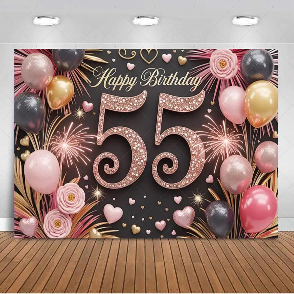 Sfondo per 55° Compleanno Forniture Palloncini Nero Oro 55 Anni Sfondo Decorazione Festa Scintillante Oggetti di Scena per Servizio Fotografico