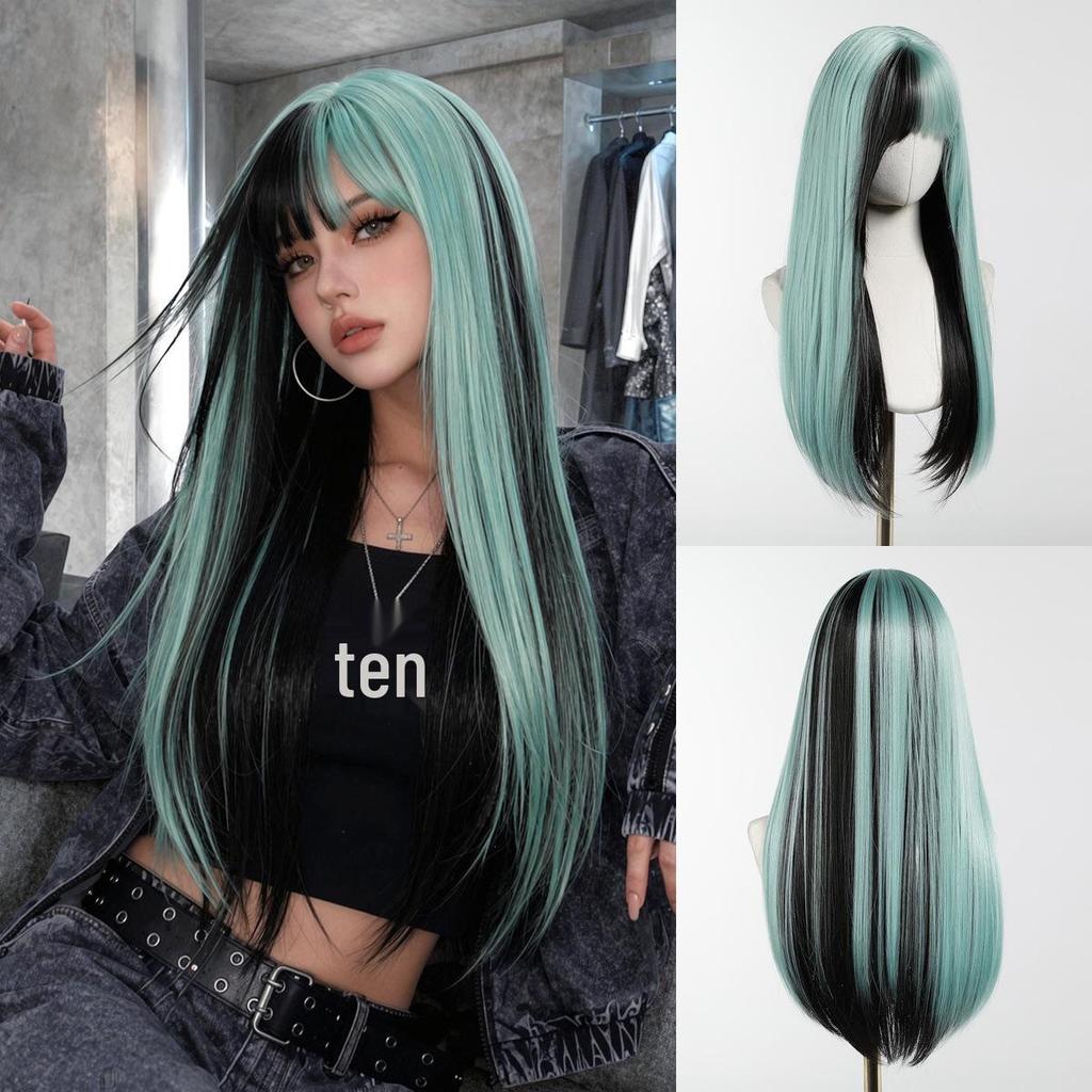 Perruque Européenne Marron Dégradé pour Femmes - Cheveux Longs Lisses avec Couches Naturelles et Volume, Frange Droite, Couverture Complète de la Tête pour Cosplay, En Stock.