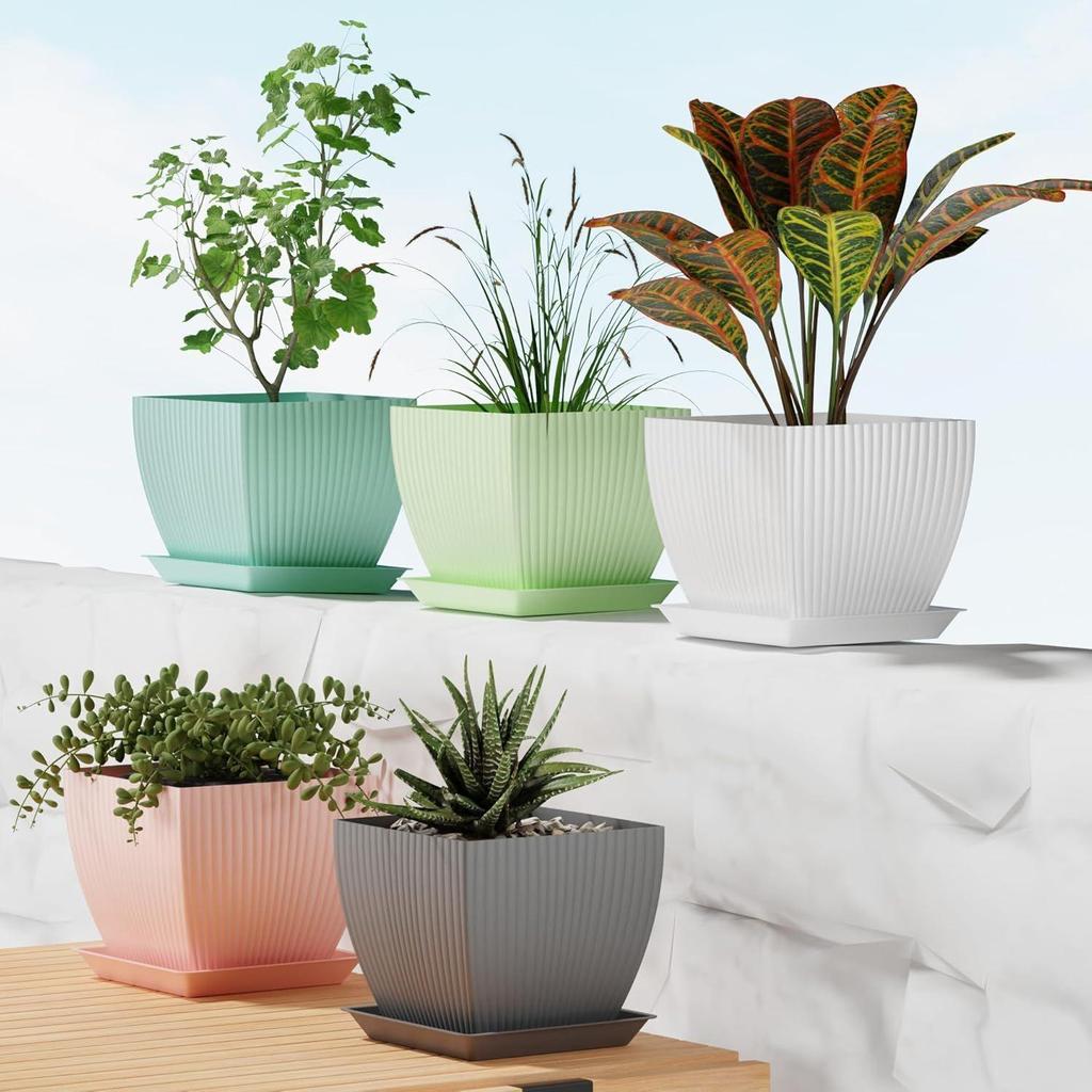 Pack of 5 6 inch Plant Flower Pots with Drainage Holes and Tray Saucers Outdoor Indoor - Ideal for Indoor Plants, Succulents, and Small Pots