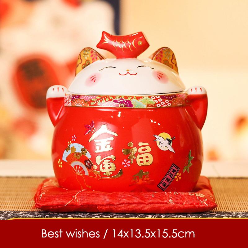 6 Inch Ceramic Maneki Neko Ornament Home Decoration Lucky Cat Figure Tabletop Candy Dish Cookie Canister Koi Fish Lid