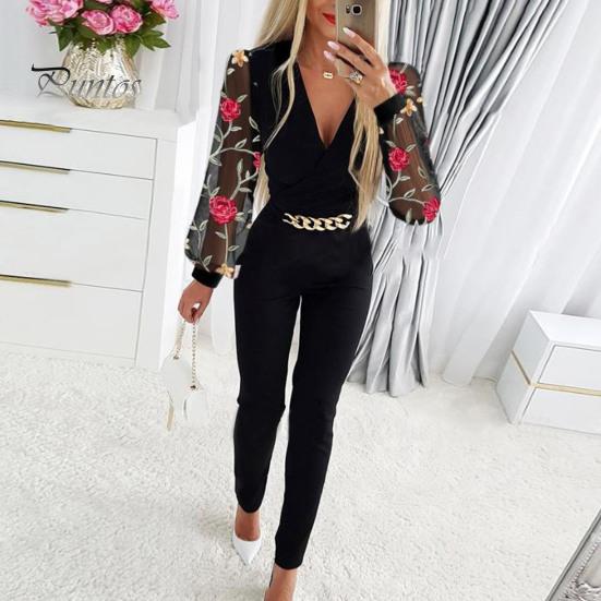 Women Jumpsuit Rose Applique See-through Mesh Chain Decor Slim Fit