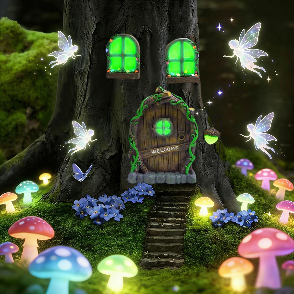 

4-PCS Garden 3D Miniature Doors and Windows, Outdoor Garden Fairy Tale Scene Arrangement, Garden Tree Decoration Small Doors and
