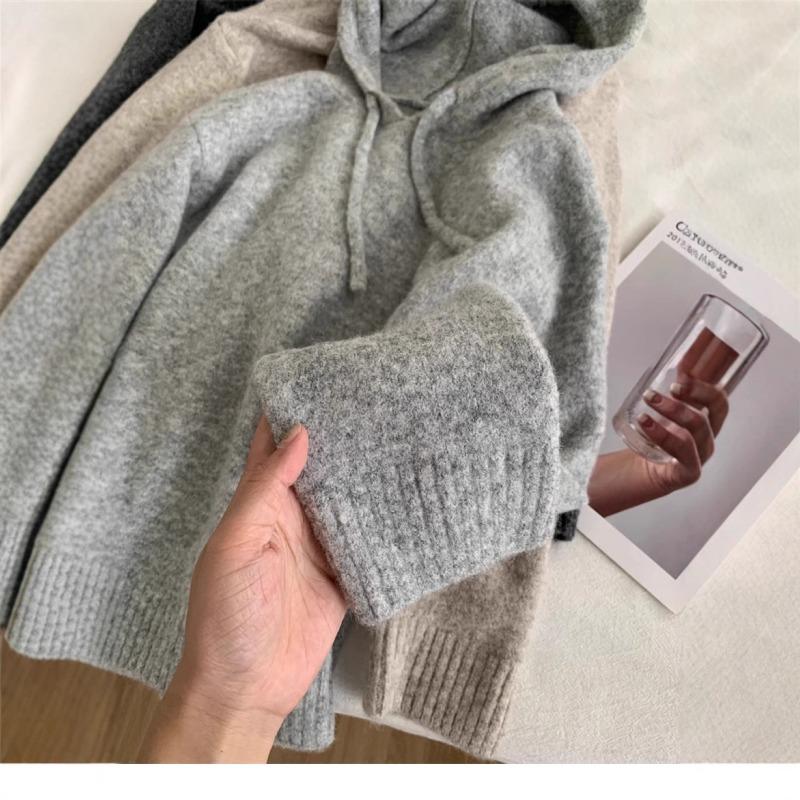 Grey wool knit hoodie women's thermal hooded sweater