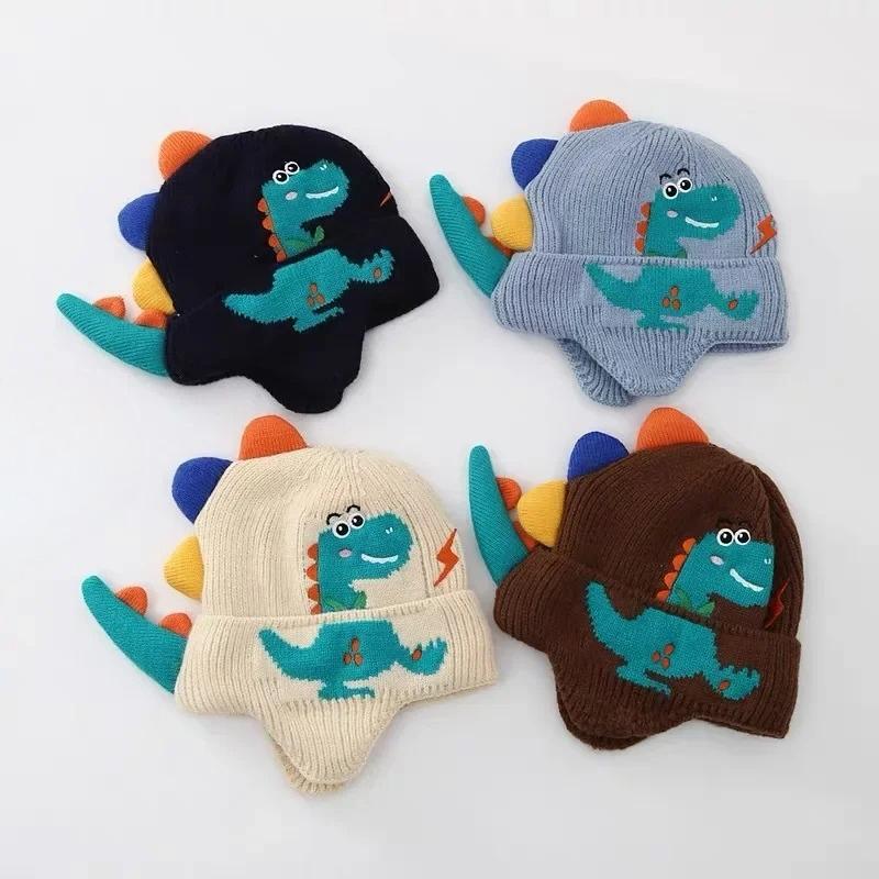 Winter Warme Baby Ohrenschutz Mütze 3D Dinosaurier Kinder Ohrenwärmer Mütze Cartoon Kleinkind Wollstrickmützen 2-6 Jahre Kinder Strickmützen